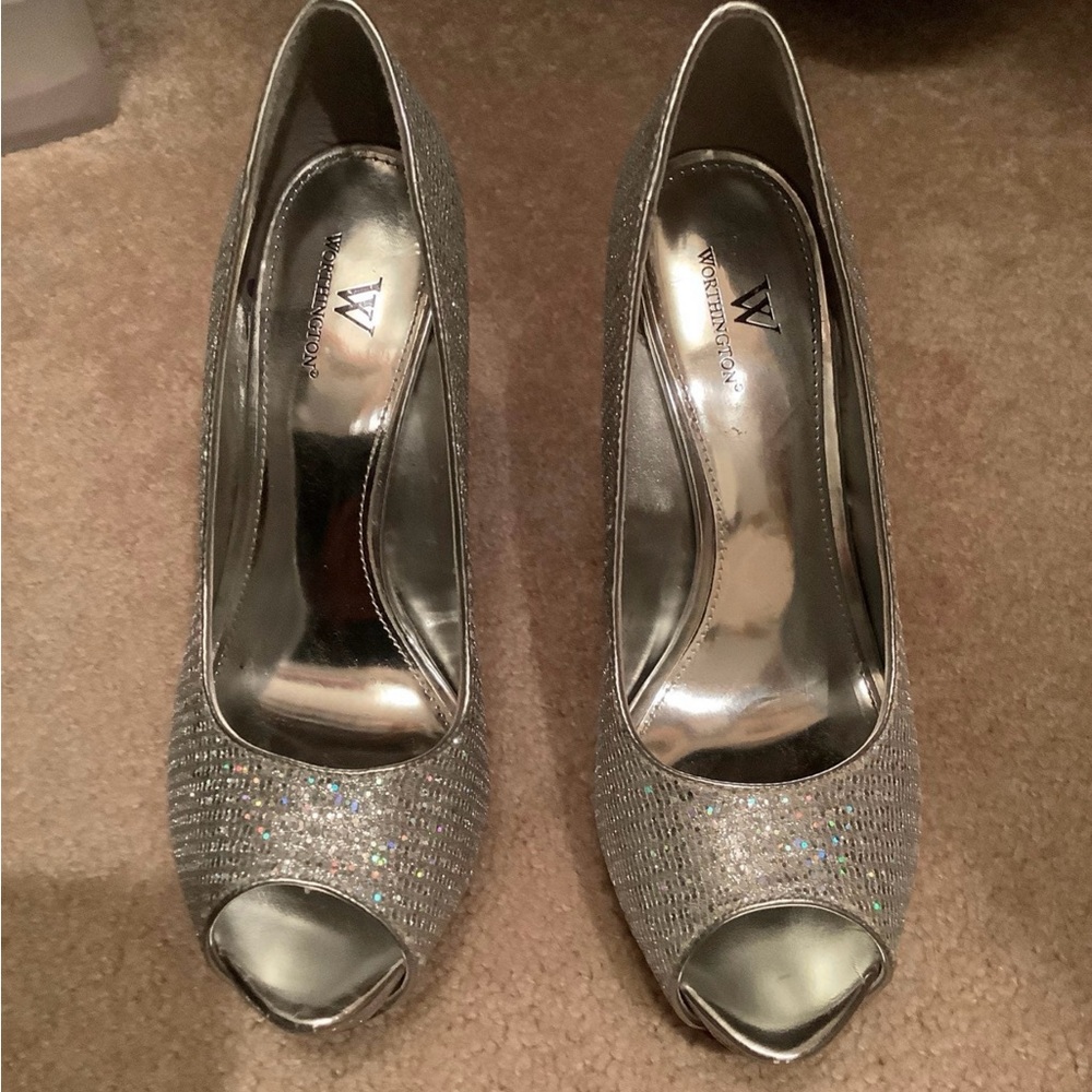 Worthington Glittering Silver Peep Toe Heels